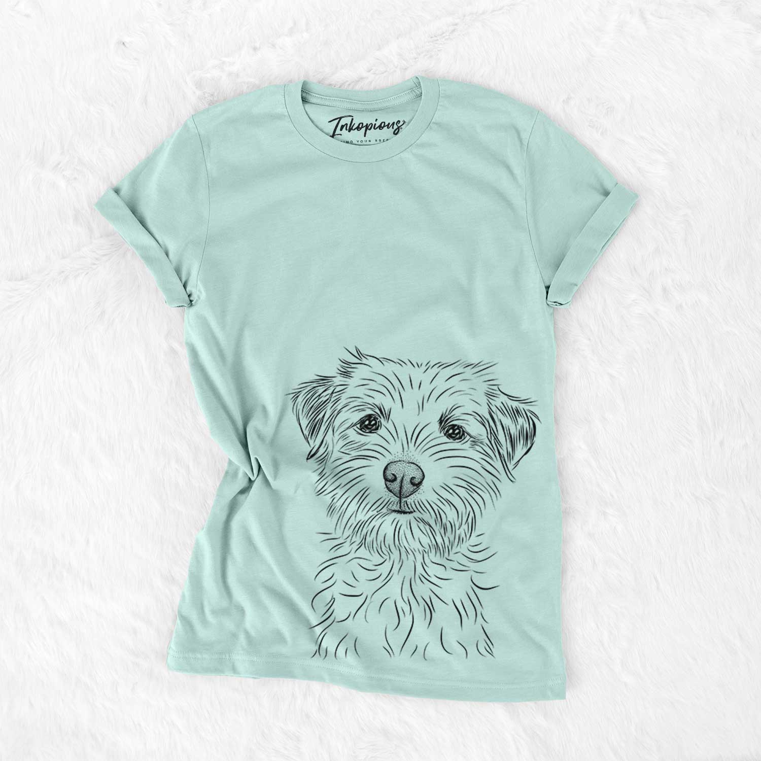 Hand-drawn sketch of Benjamin the Border Terrier on a Heather Sage Bella Canvas Unisex Crewneck