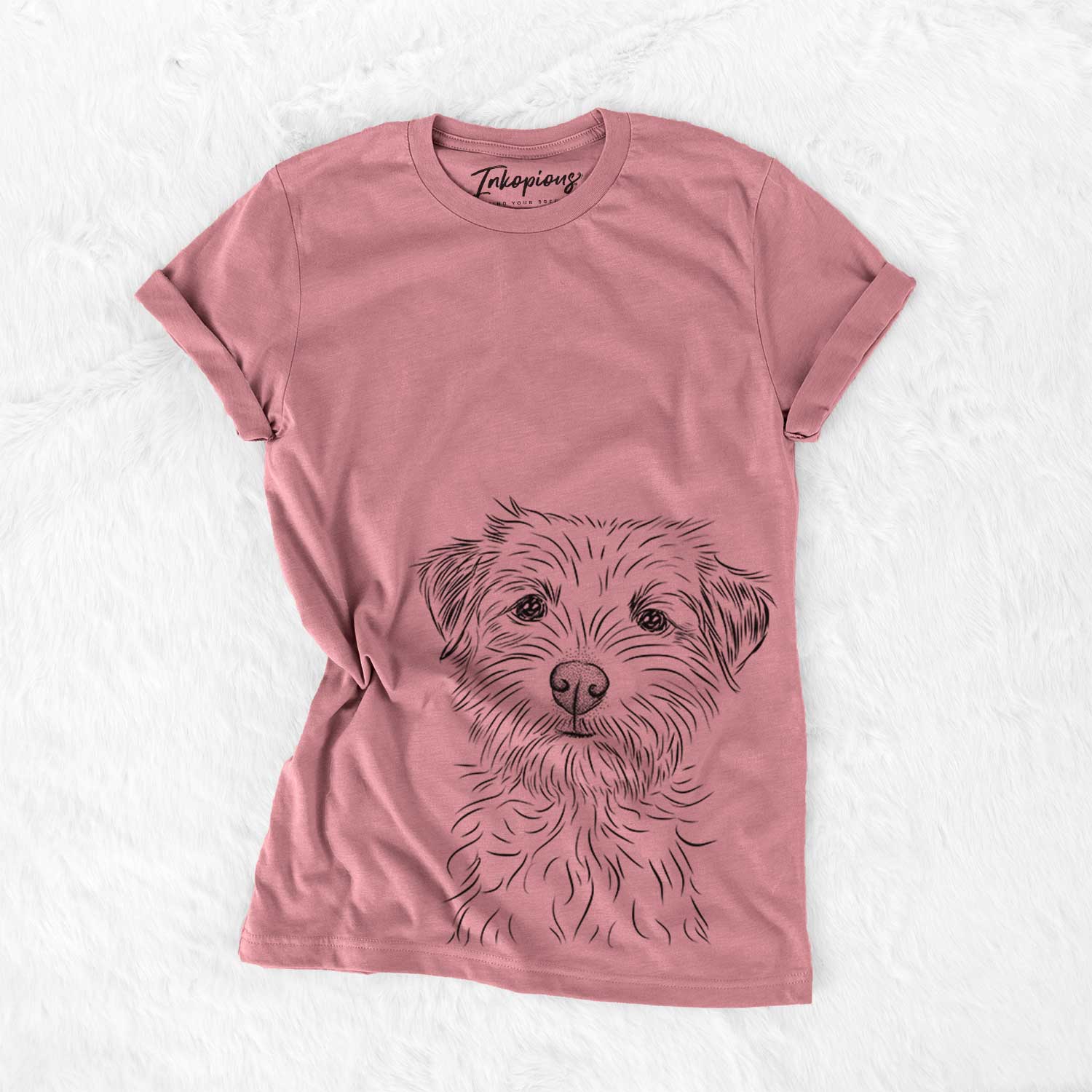 Hand-drawn sketch of Benjamin the Border Terrier on a Mauve Bella Canvas Unisex Crewneck