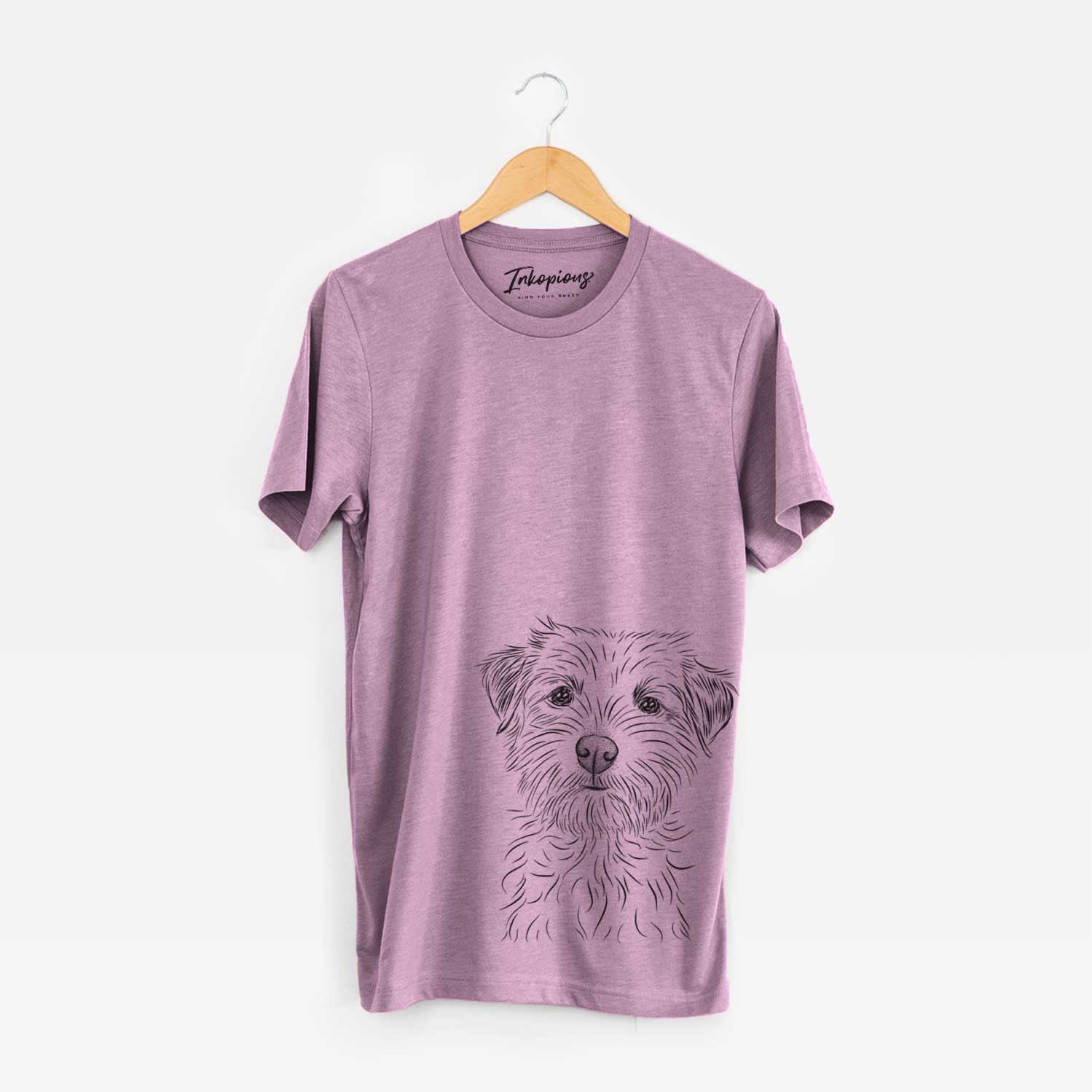 Hand-drawn sketch of Benjamin the Border Terrier on an Orchid Unisex crewneck