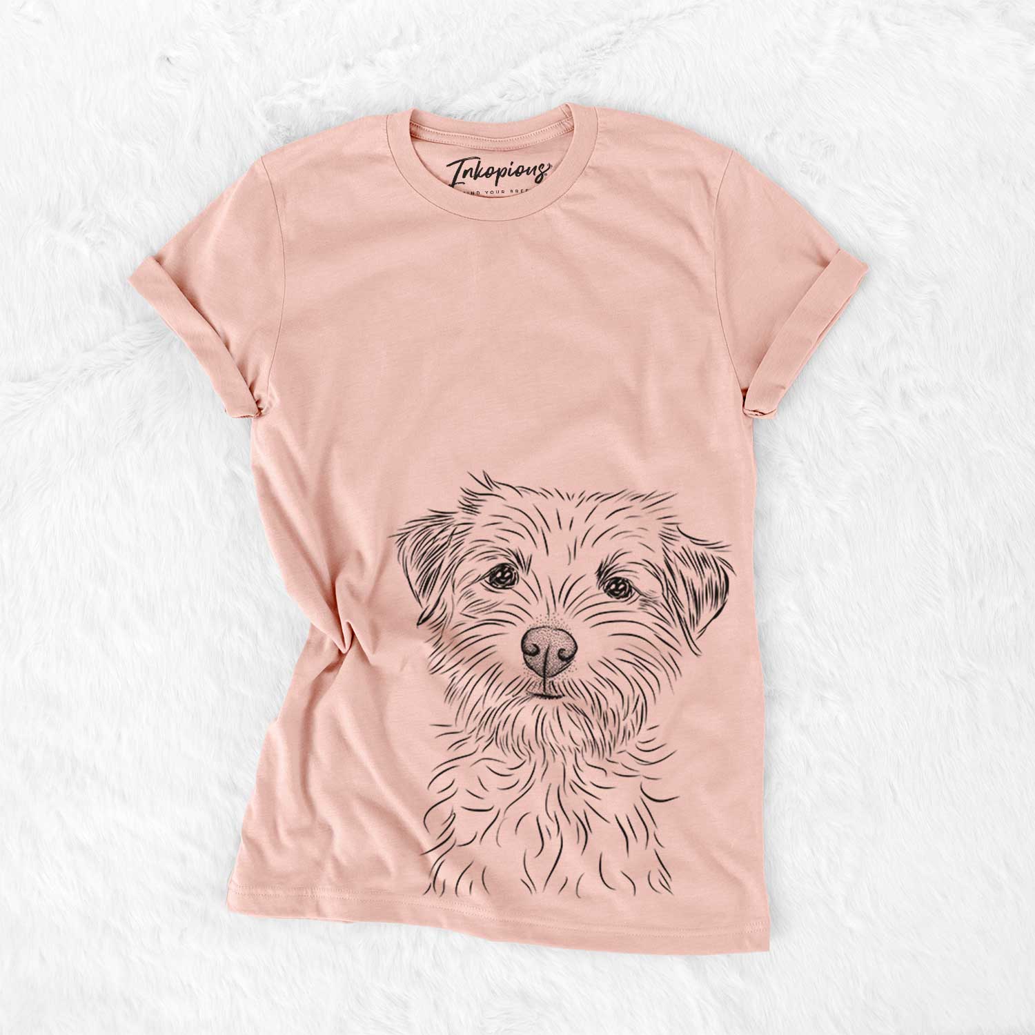Hand-drawn sketch of Benjamin the Border Terrier on a Peach Bella Canvas Unisex Crewneck