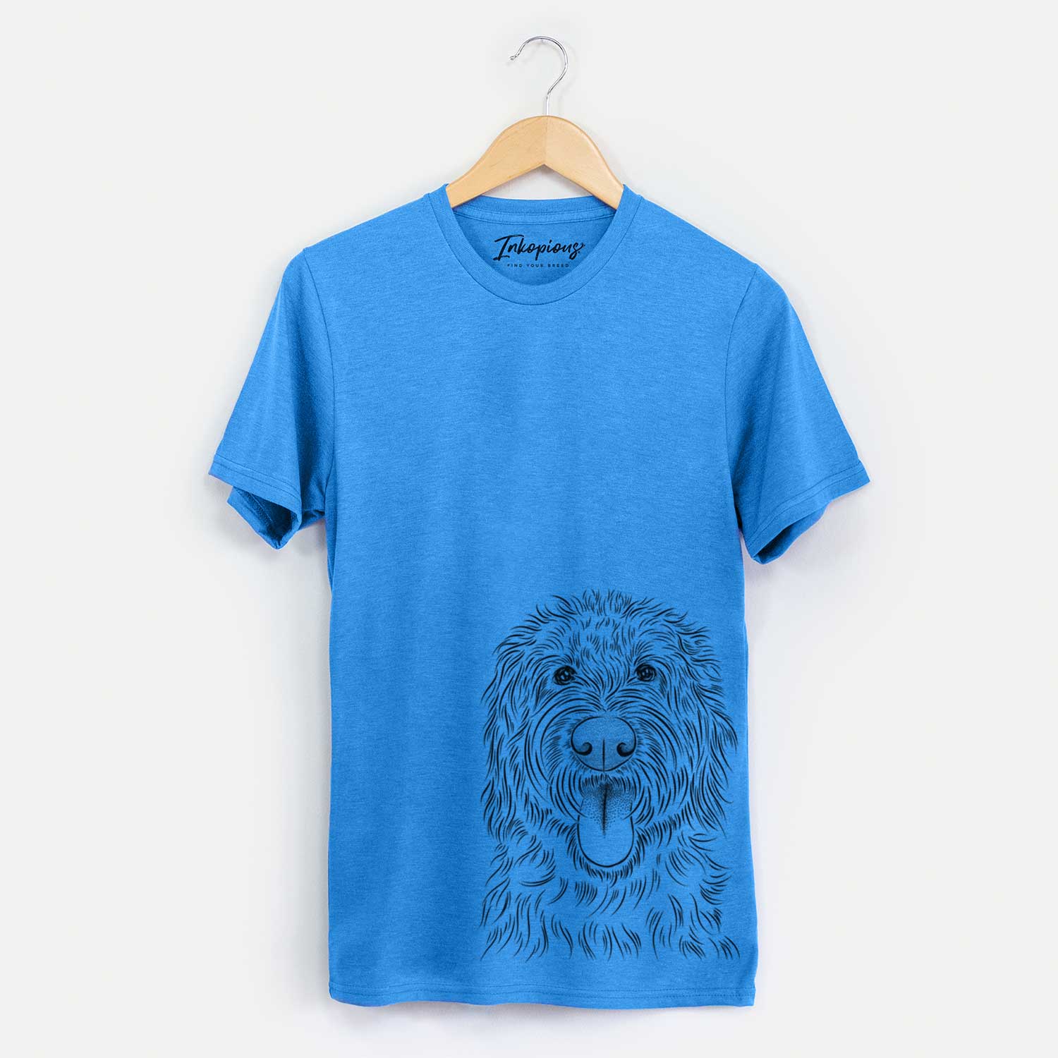 Hand-drawn sketch of Bennett the Doodle on a Blue Unisex crewneck