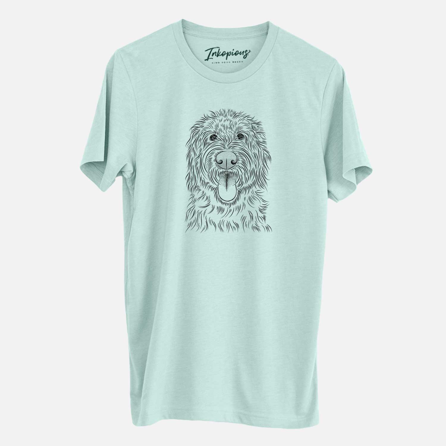 Hand-drawn sketch of Bennett the Doodle on a Heather Sage Unisex crewneck