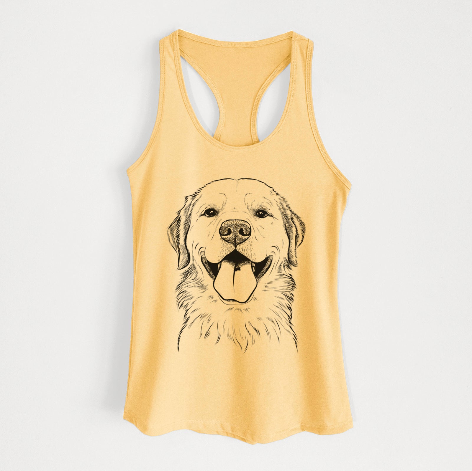 Hand-drawn sketch of Bennett the Golden Retriever on a Banana Cream Women's racerback tanktop