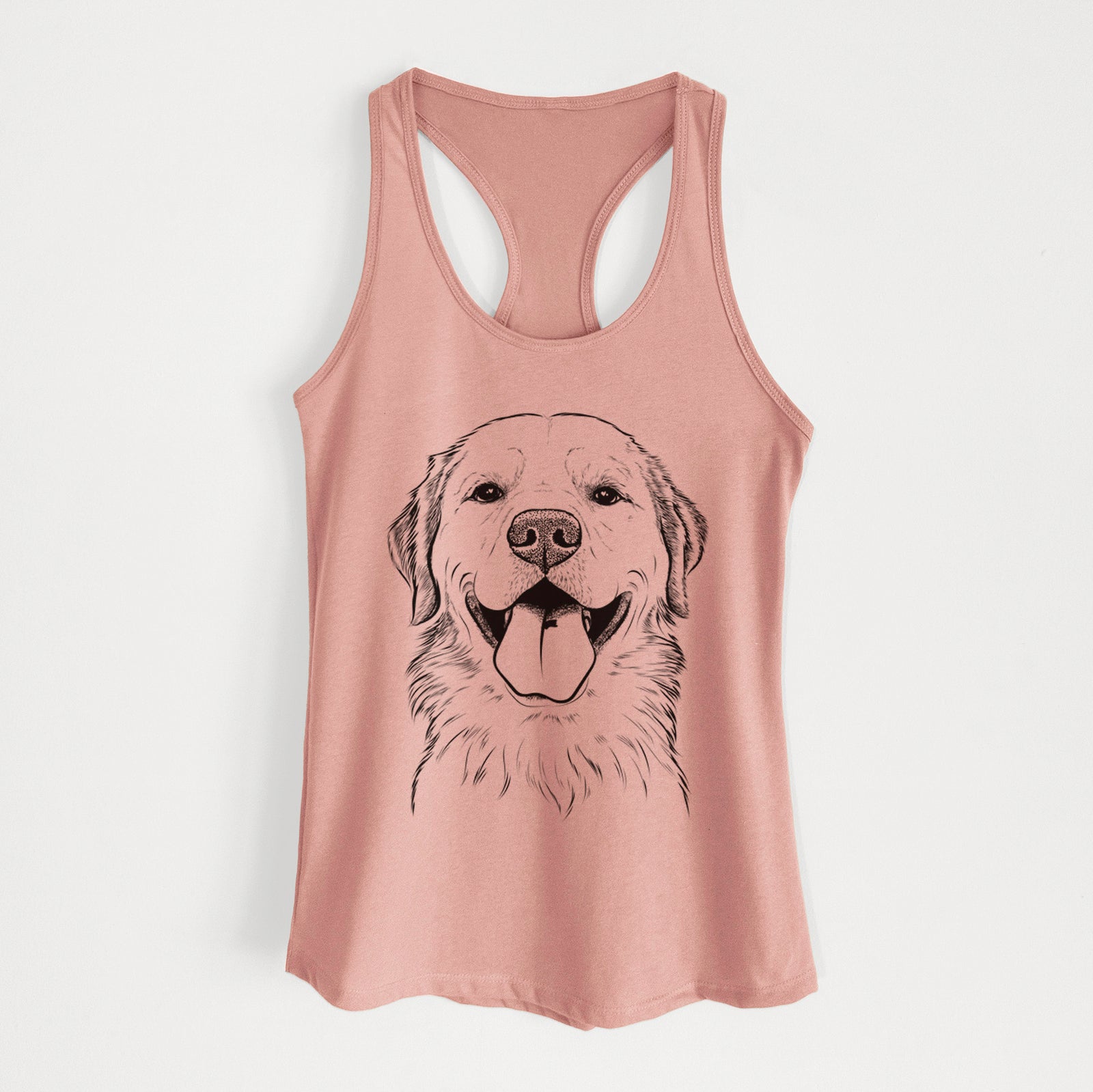 Hand-drawn sketch of Bennett the Golden Retriever on a Desert Pink Women's racerback tanktop
