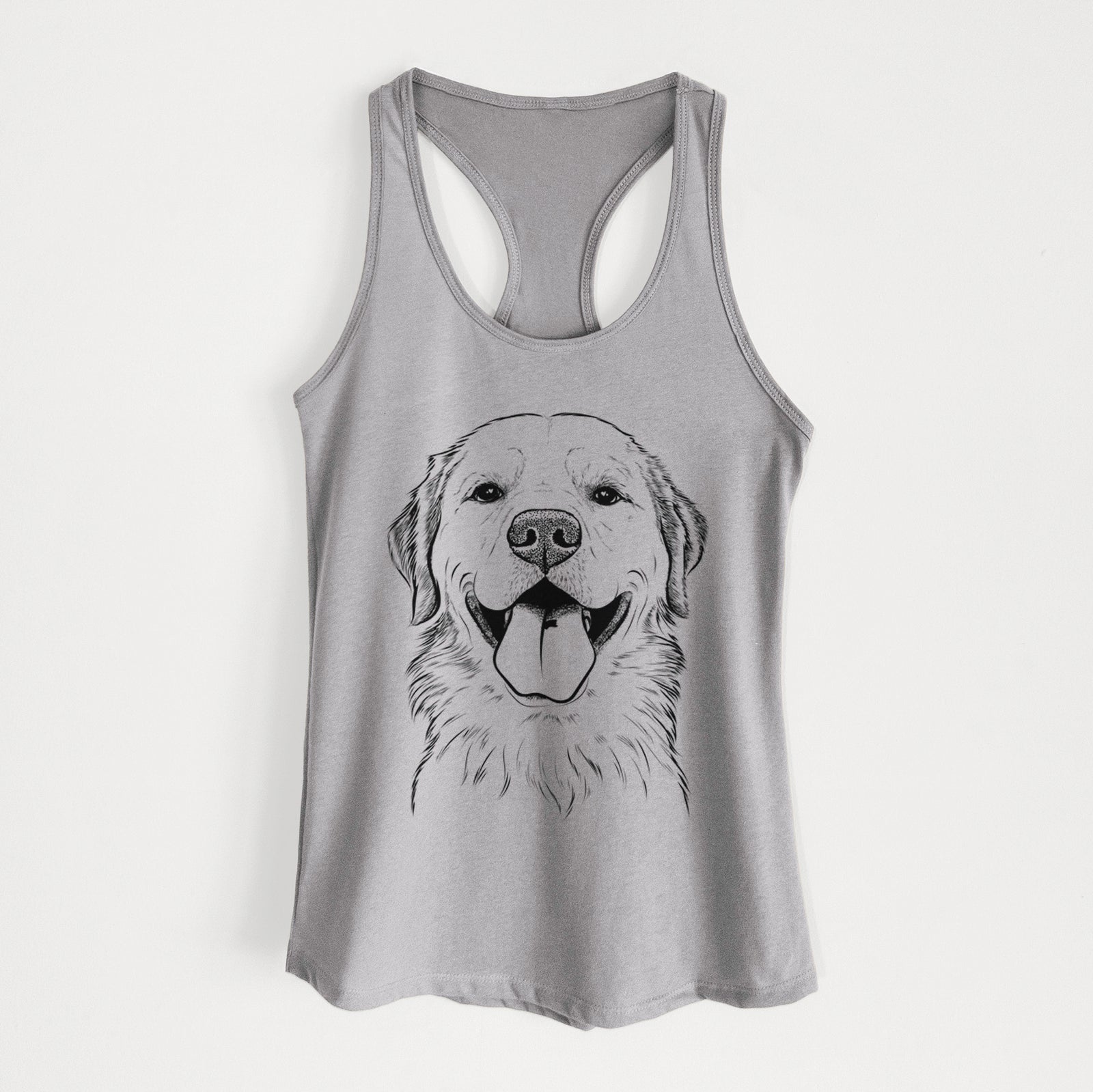 Hand-drawn sketch of Bennett the Golden Retriever on a Heather Grey Women's racerback tanktop