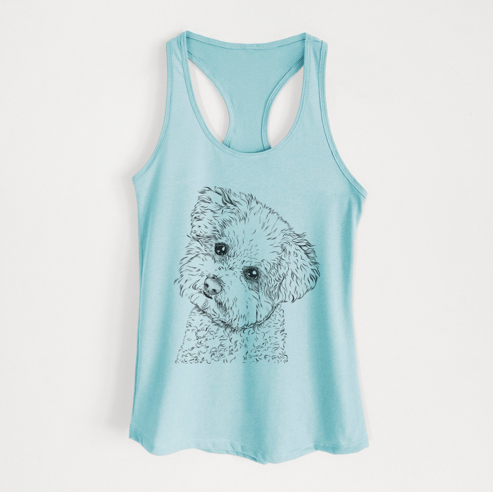 Hand-drawn sketch of Bento the Bolognese on a Cancun Blue Women's racerback tanktop
