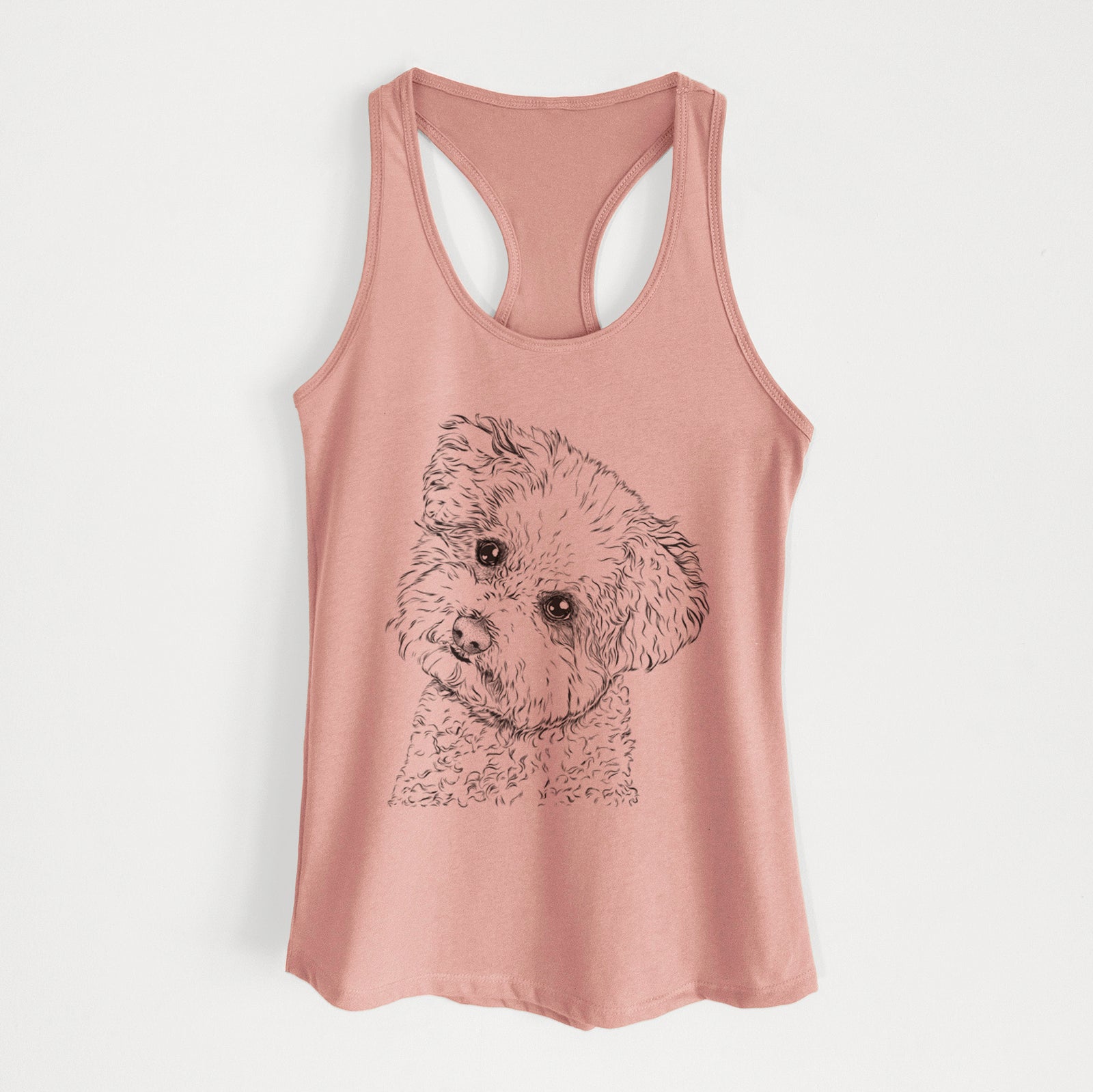 Hand-drawn sketch of Bento the Bolognese on a Desert Pink Women's racerback tanktop