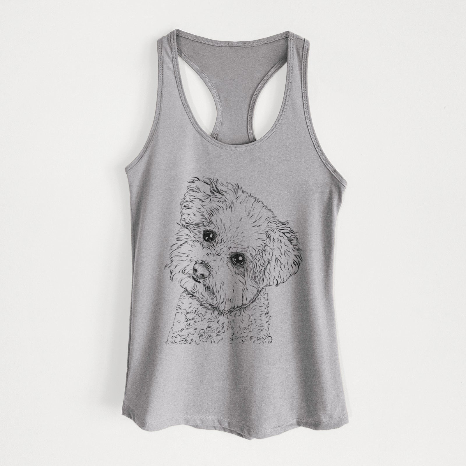 Hand-drawn sketch of Bento the Bolognese on a Heather Grey Women's racerback tanktop