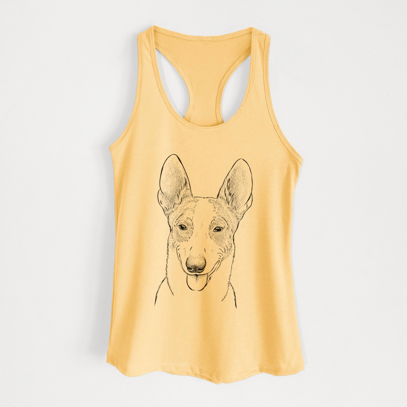 Hand-drawn sketch of Berlin the Carolina Dog on a Banana Cream Women's racerback tanktop