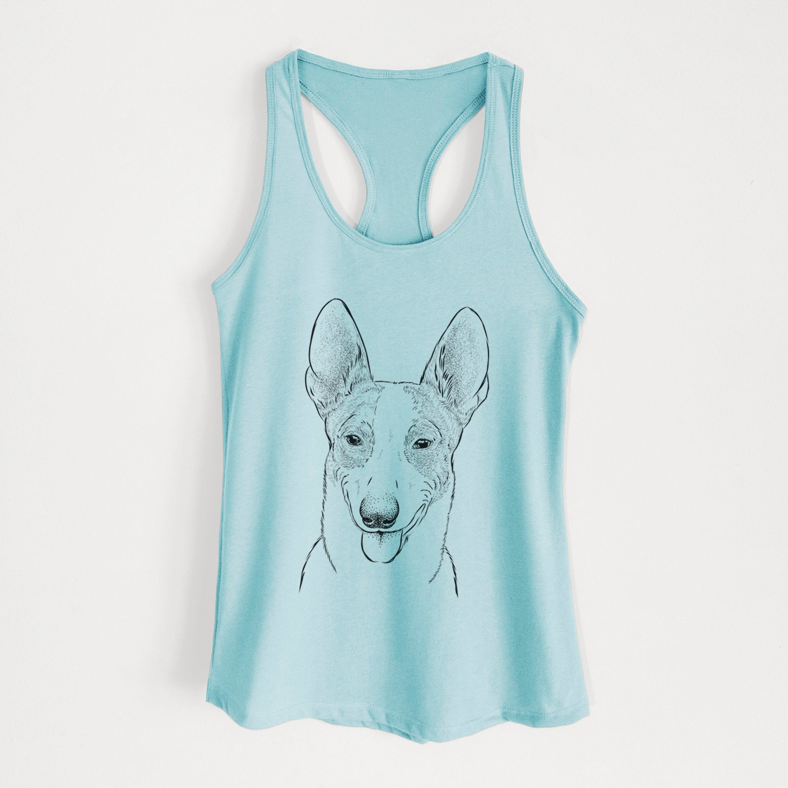 Hand-drawn sketch of Berlin the Carolina Dog on a Cancun Blue Women's racerback tanktop