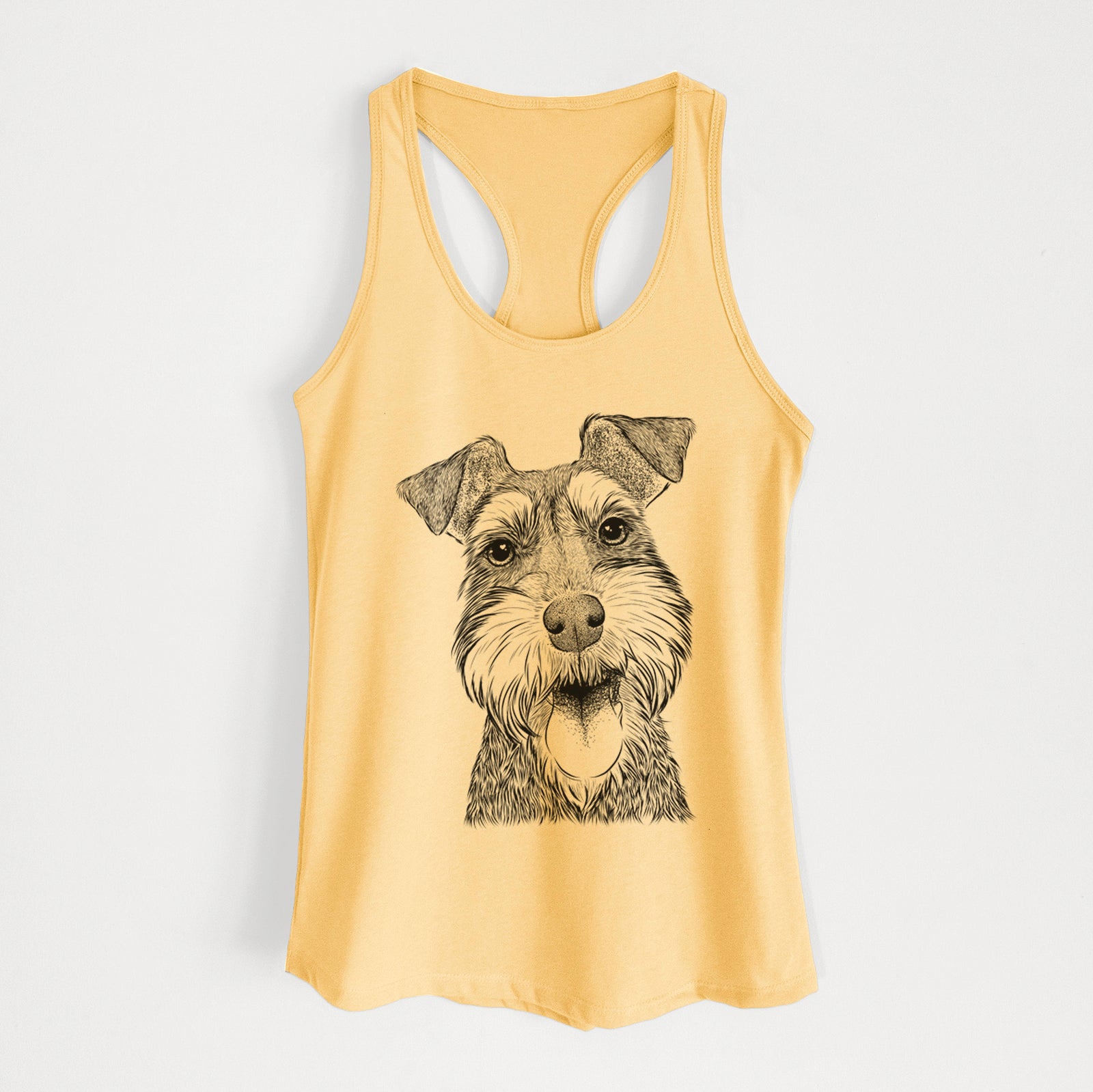 Hand-drawn sketch of Bernadette the Mini Schnauzer on a Banana Cream Women's racerback tanktop