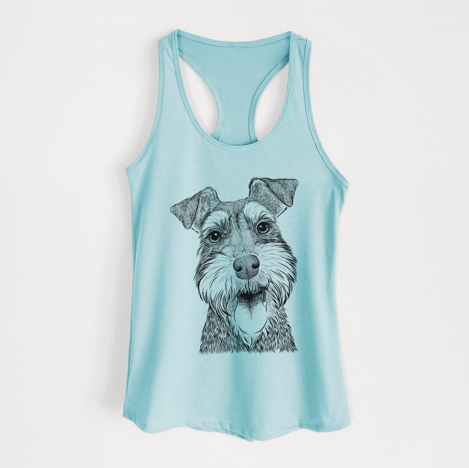 Hand-drawn sketch of Bernadette the Mini Schnauzer on a Cancun Blue Women's racerback tanktop