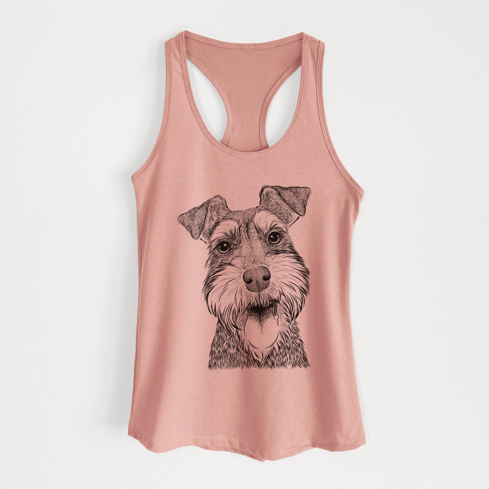 Hand-drawn sketch of Bernadette the Mini Schnauzer on a Desert Pink Women's racerback tanktop