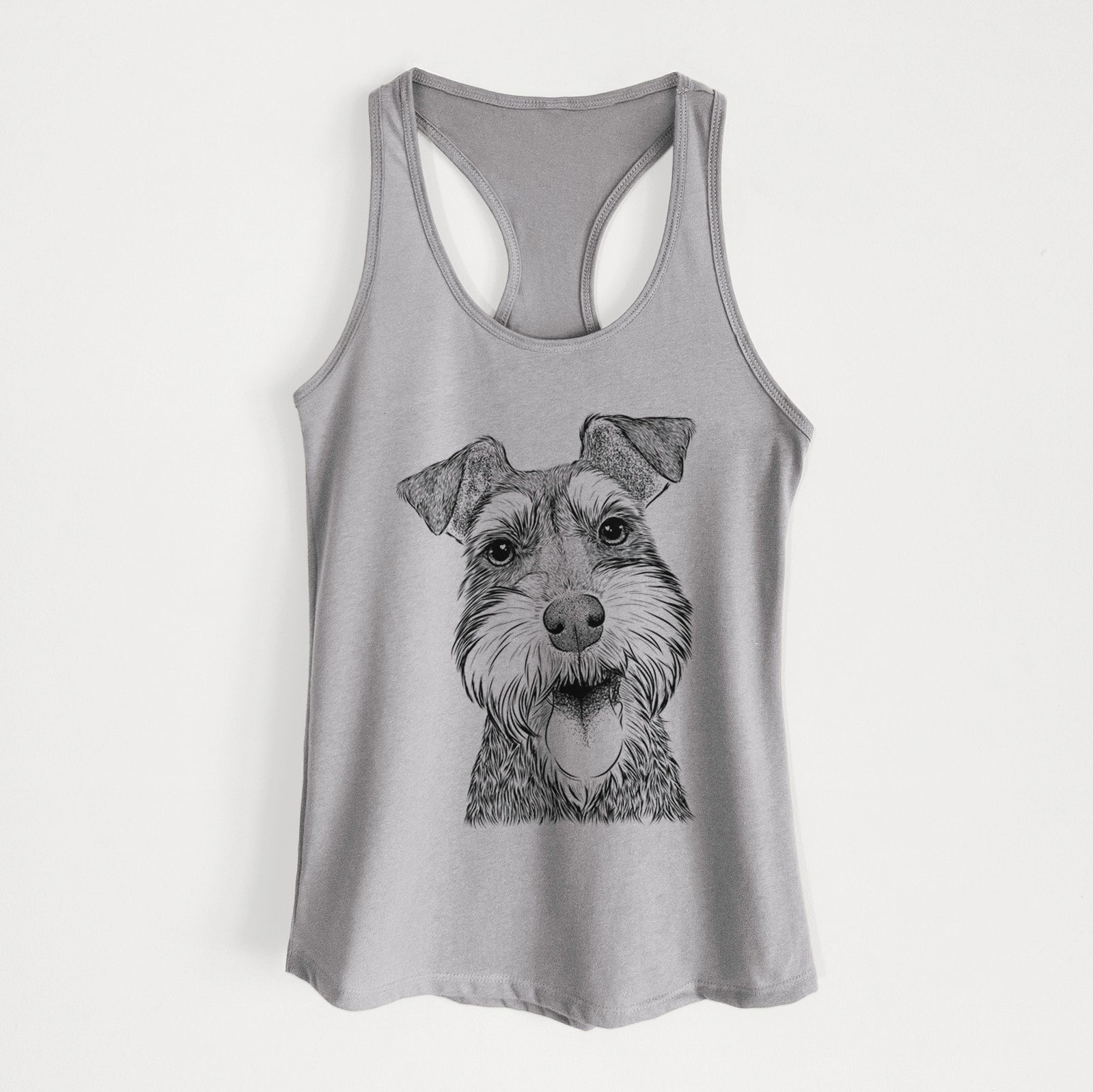 Hand-drawn sketch of Bernadette the Mini Schnauzer on a Heather Grey Women's racerback tanktop