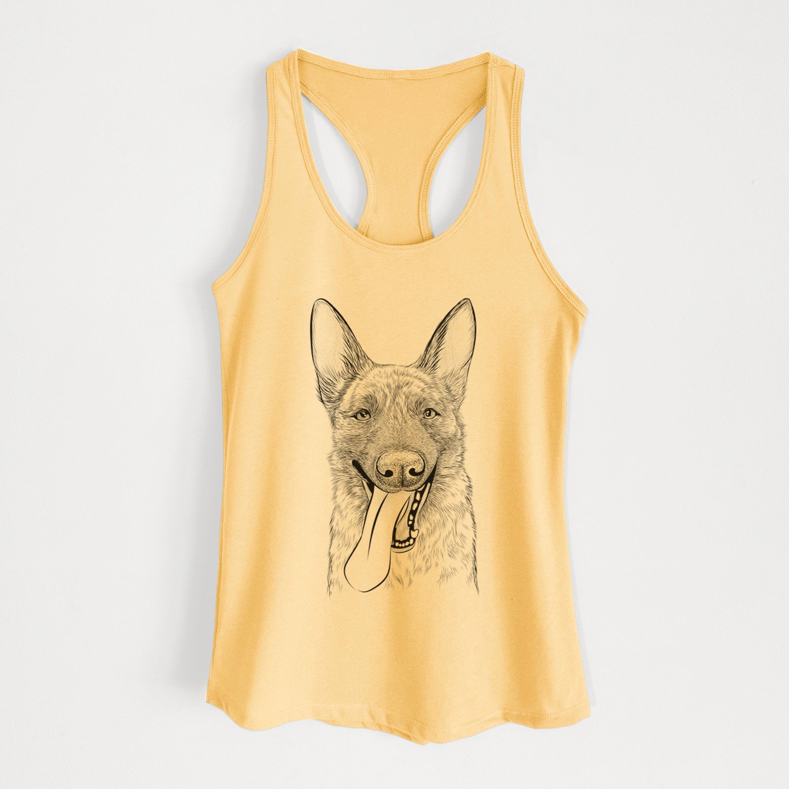 Hand-drawn sketch of Bessa the Dutch Shepherd on a Banana Cream Women's racerback tanktop