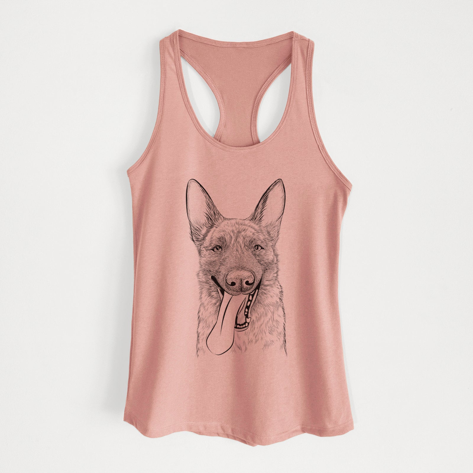 Hand-drawn sketch of Bessa the Dutch Shepherd on a Desert Pink Women's racerback tanktop
