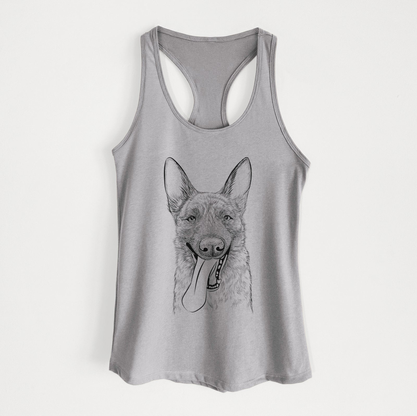 Hand-drawn sketch of Bessa the Dutch Shepherd on a Heather Grey Women's racerback tanktop
