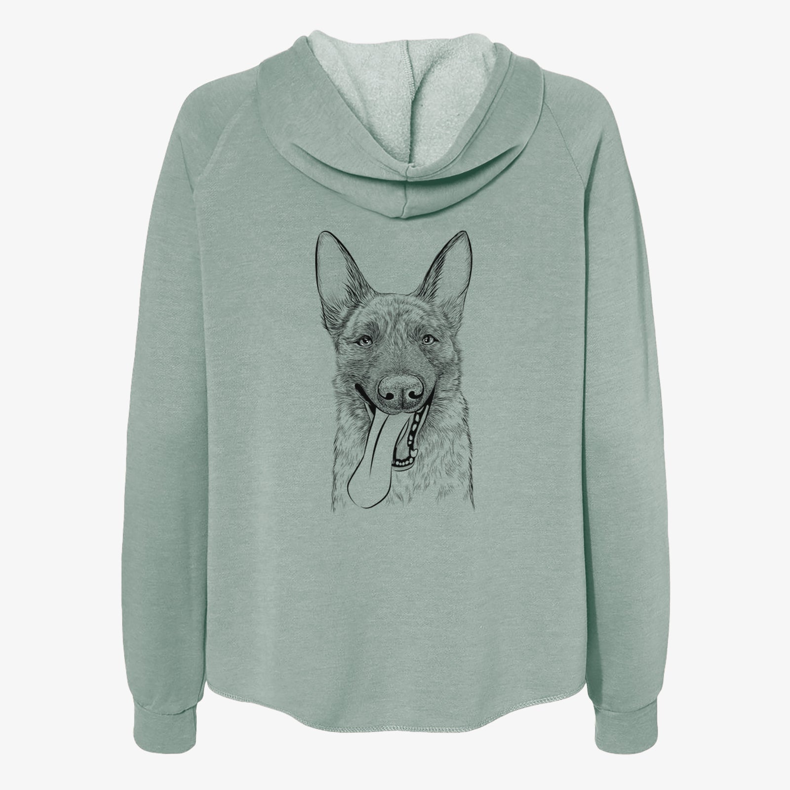 Hand-drawn sketch of Bessa the Dutch Shepherd on a Sage Women's cali wave zip-up sweatshirt