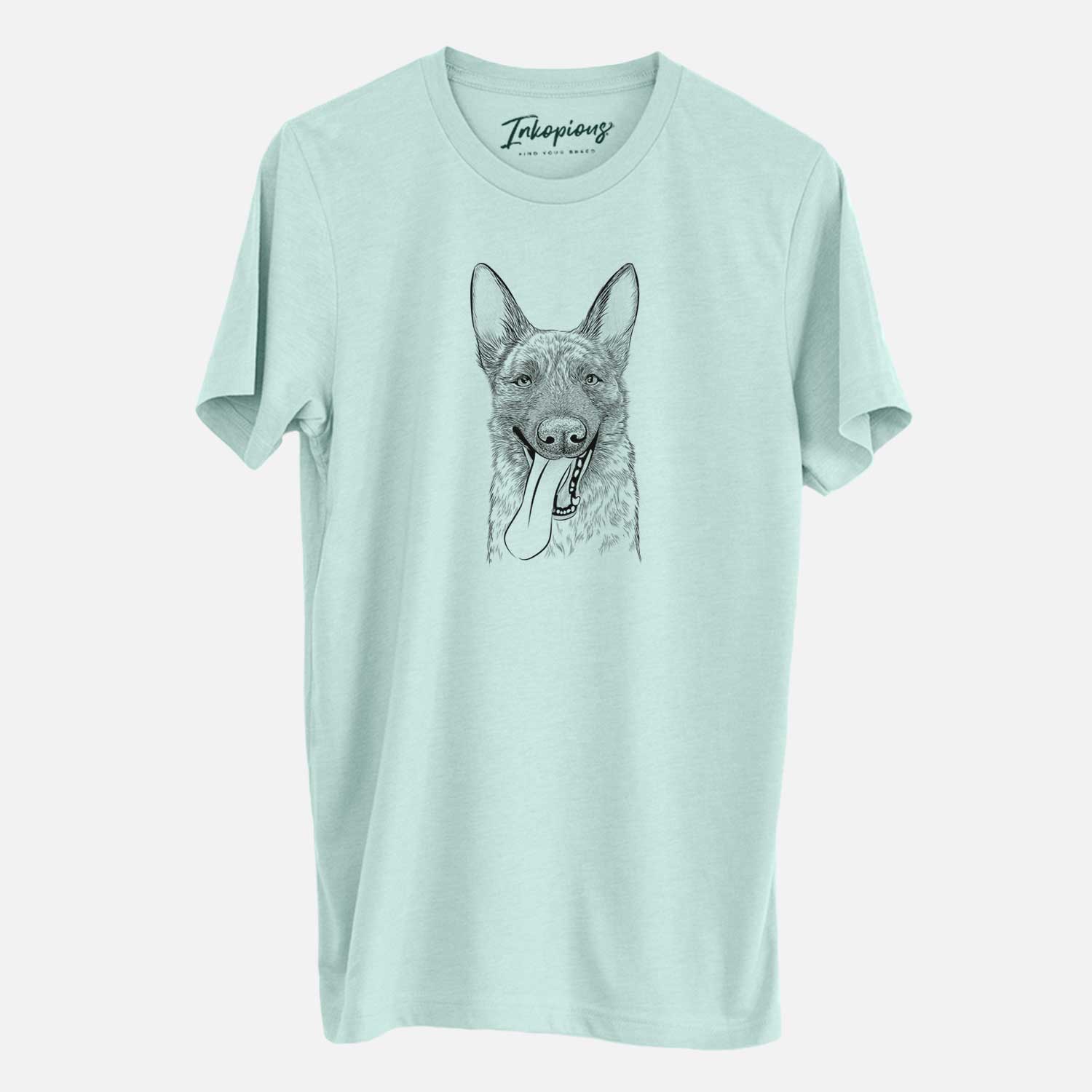 Hand-drawn sketch of Bessa the Dutch Shepherd on a Heather Sage Unisex crewneck