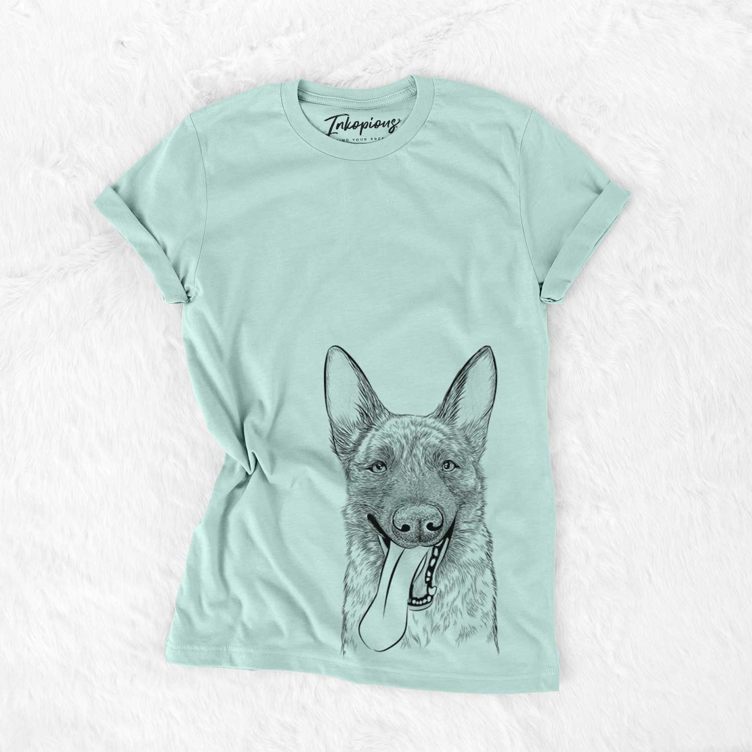 Hand-drawn sketch of Bessa the Dutch Shepherd on a Heather Sage Unisex crewneck