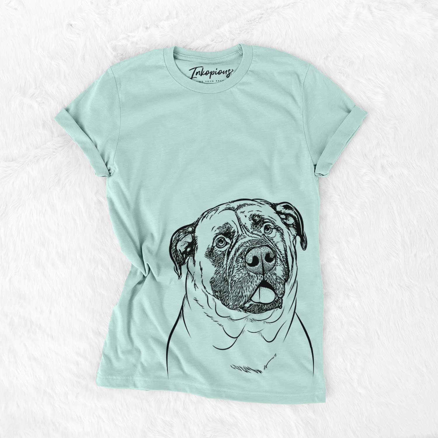 Hand-drawn sketch of Big P the English Mastiff on a Heather Sage Bella Canvas Unisex Crewneck