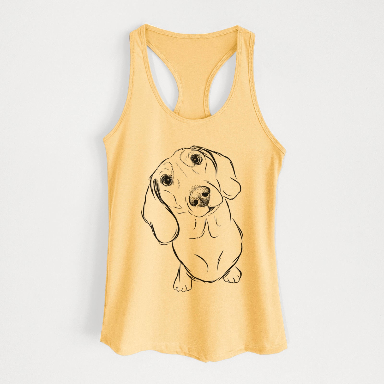Hand-drawn sketch of Bill the Dachshund on a Banana Cream Women's racerback tanktop