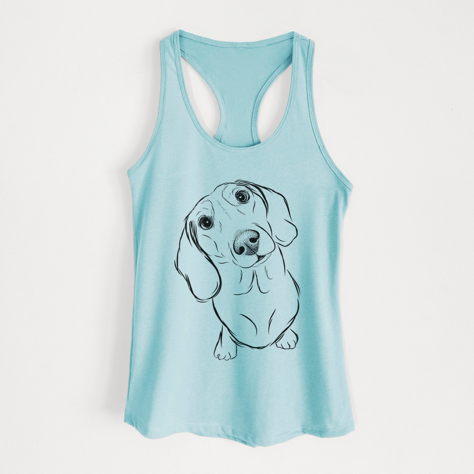Hand-drawn sketch of Bill the Dachshund on a Cancun Blue Women's racerback tanktop