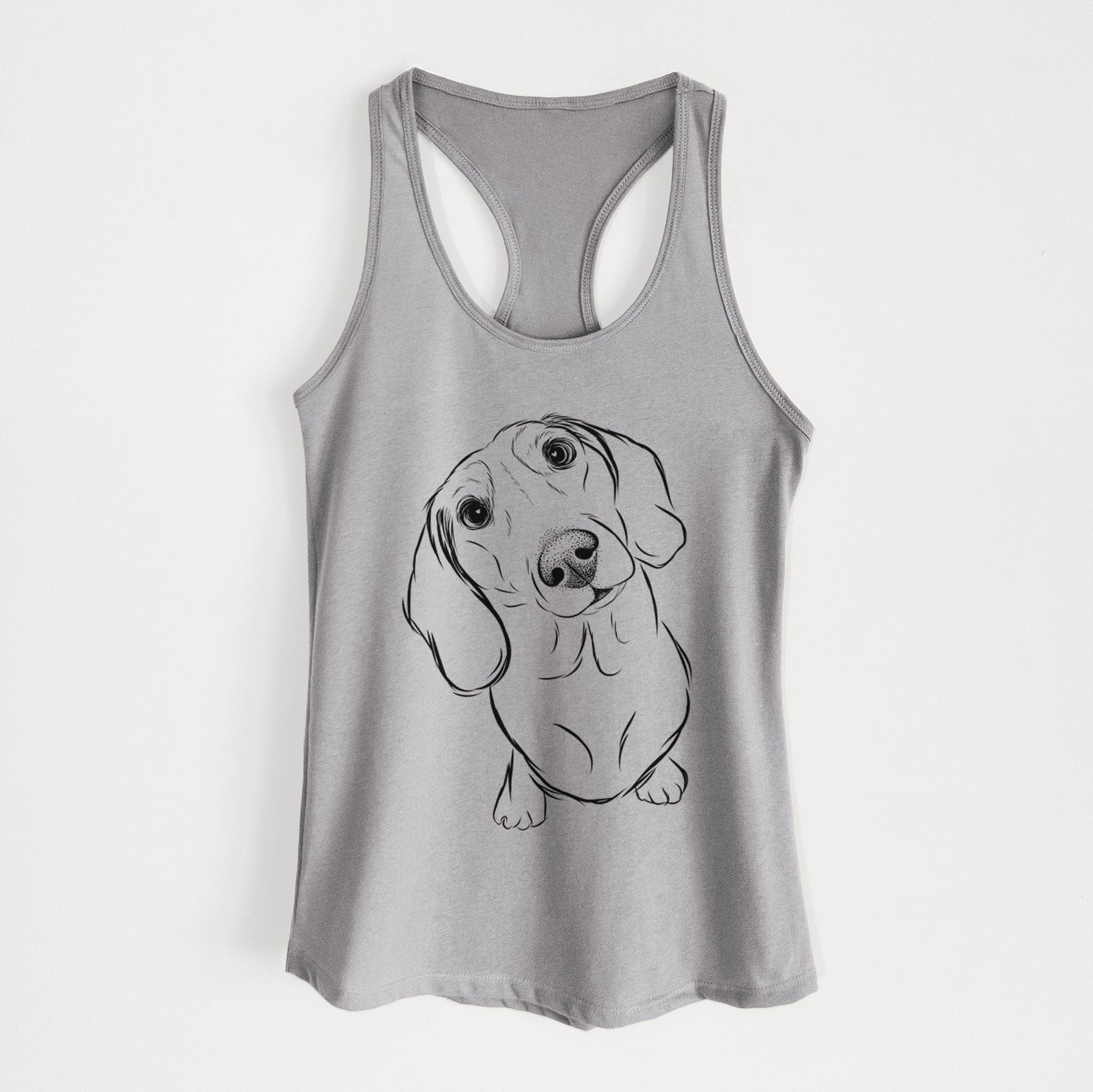 Hand-drawn sketch of Bill the Dachshund on a Heather Grey Women's racerback tanktop