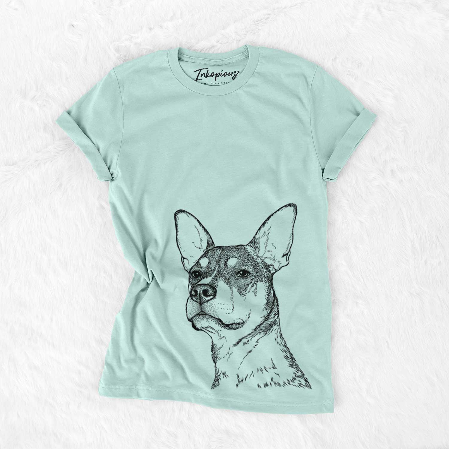 Hand-drawn sketch of Bill the Heeler Mix on a Heather Sage Bella Canvas Unisex Crewneck