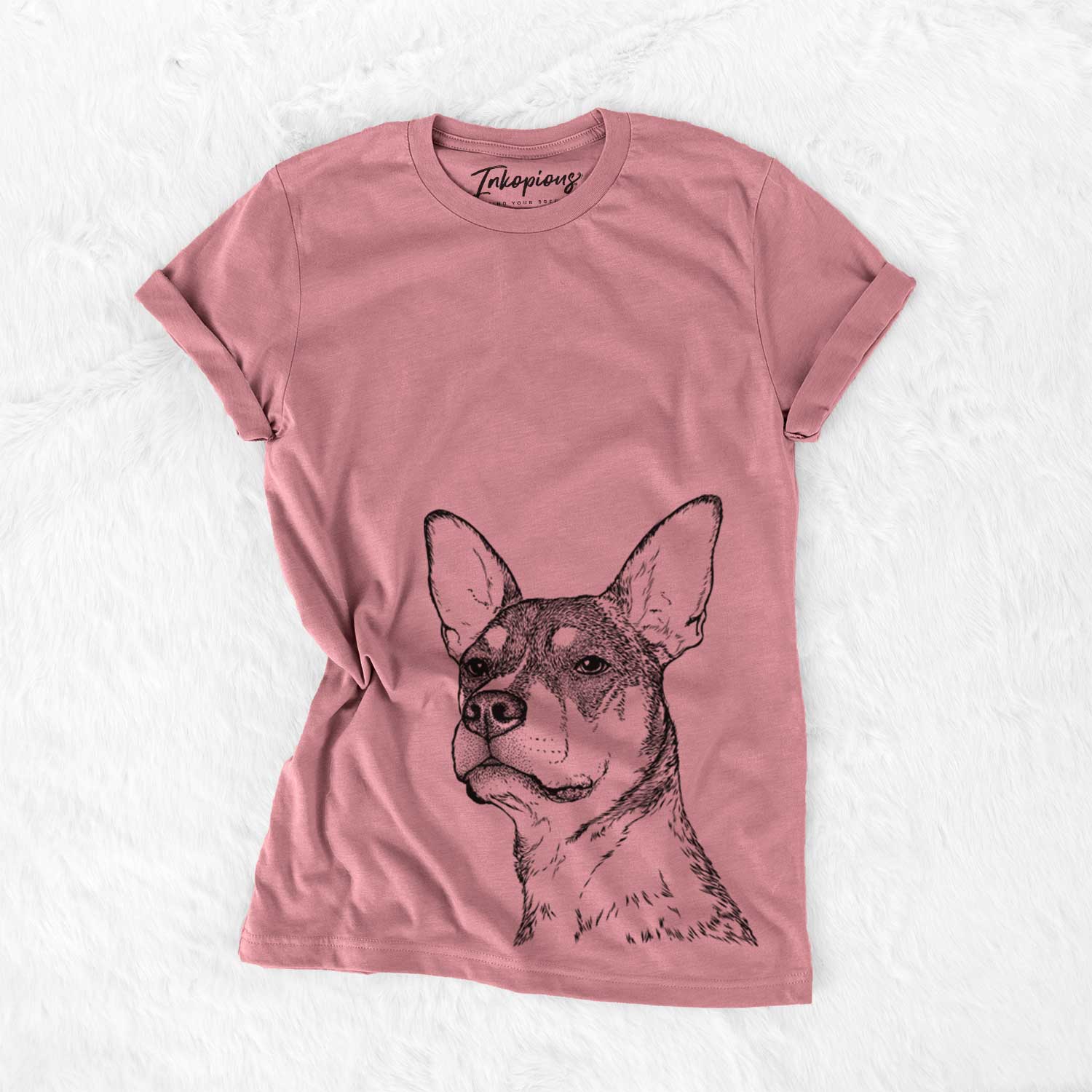 Hand-drawn sketch of Bill the Heeler Mix on a Mauve Bella Canvas Unisex Crewneck