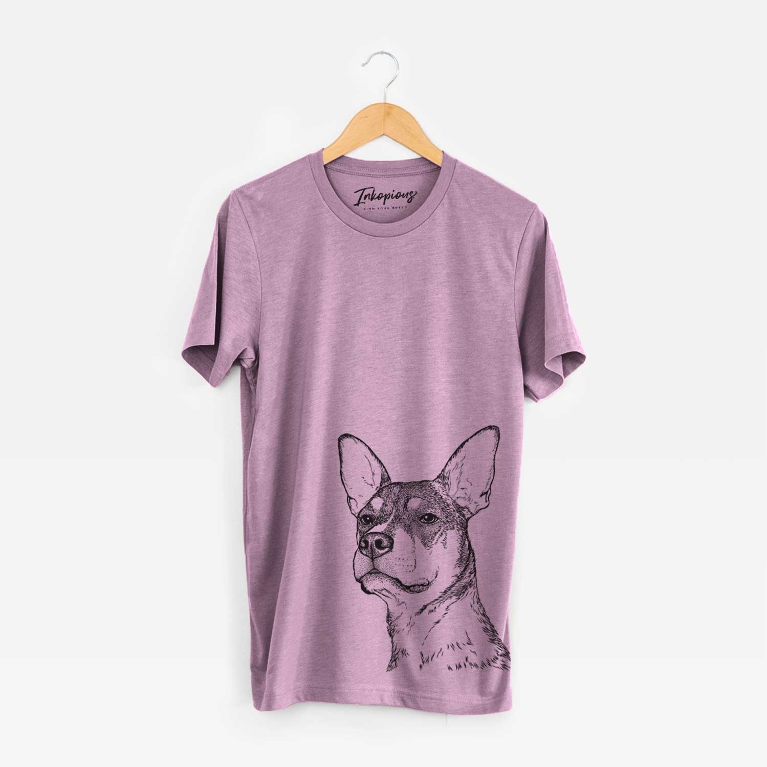 Hand-drawn sketch of Bill the Heeler Mix on an Orchid Bella Canvas Unisex Crewneck