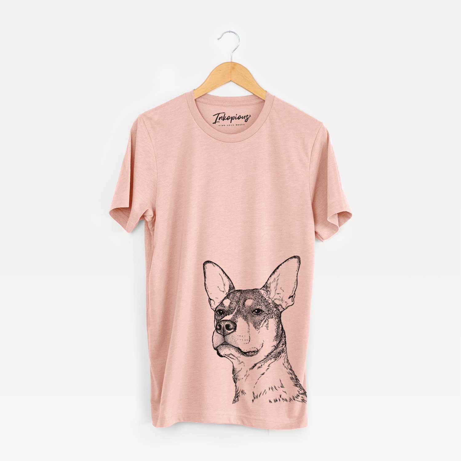 Hand-drawn sketch of Bill the Heeler Mix on a Peach Bella Canvas Unisex Crewneck