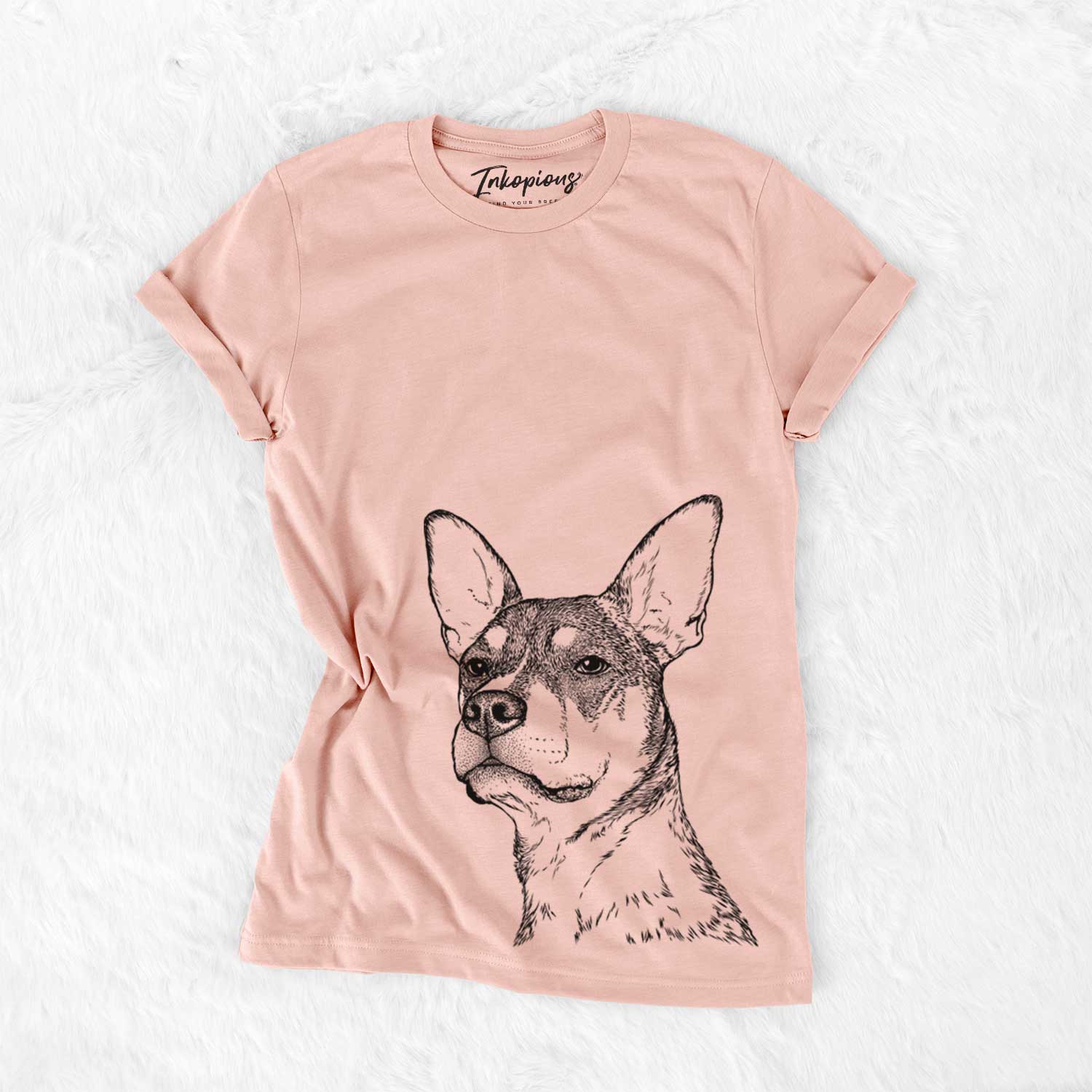 Hand-drawn sketch of Bill the Heeler Mix on a Peach Bella Canvas Unisex Crewneck