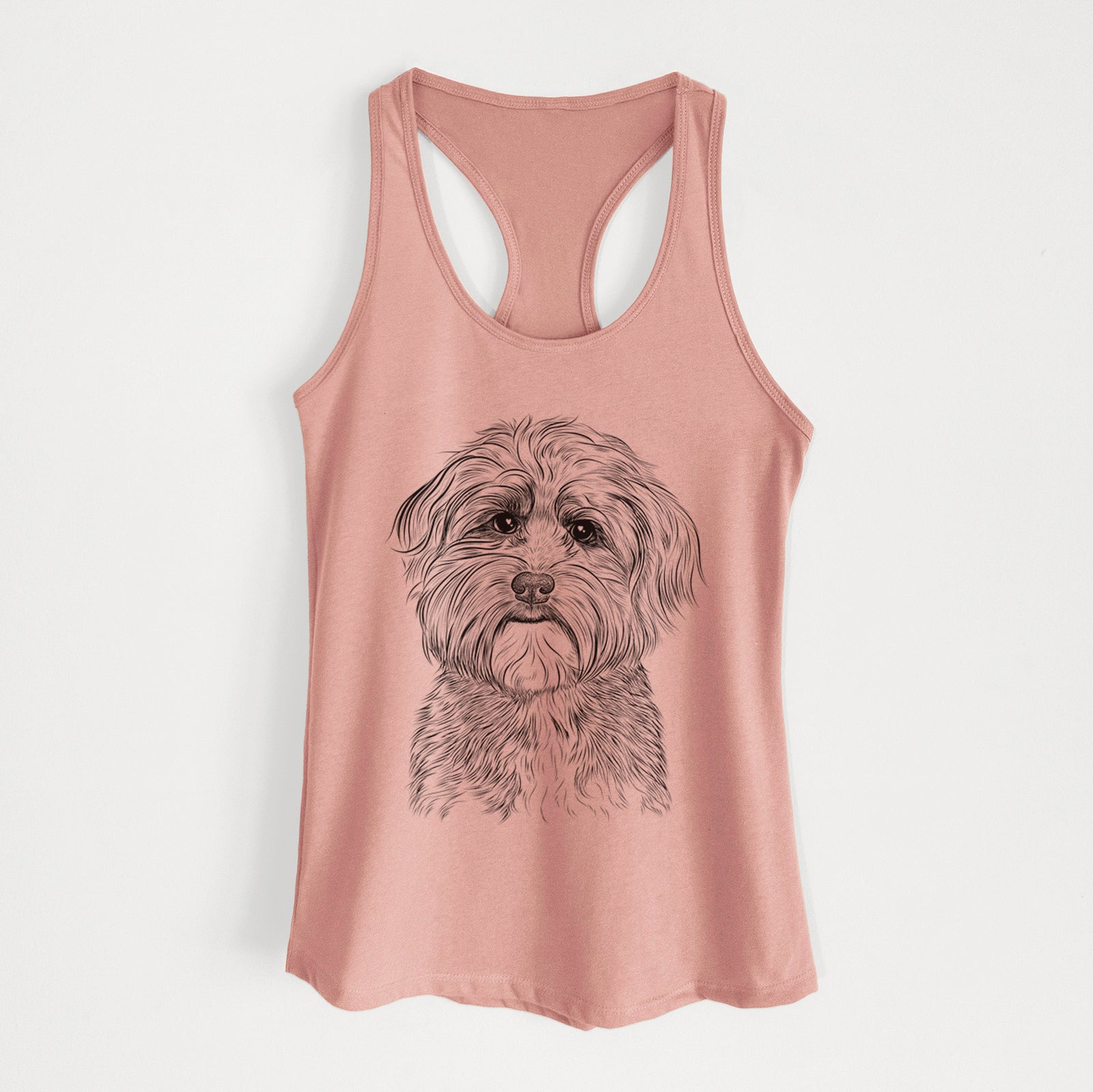 Hand-drawn sketch of Bingo the Mixed Breed on a Desert Pink Women's racerback tanktop