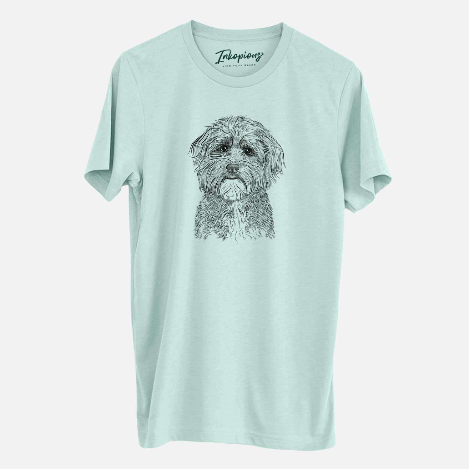 Hand-drawn sketch of Bingo the Mixed Breed on a Heather Sage Unisex crewneck