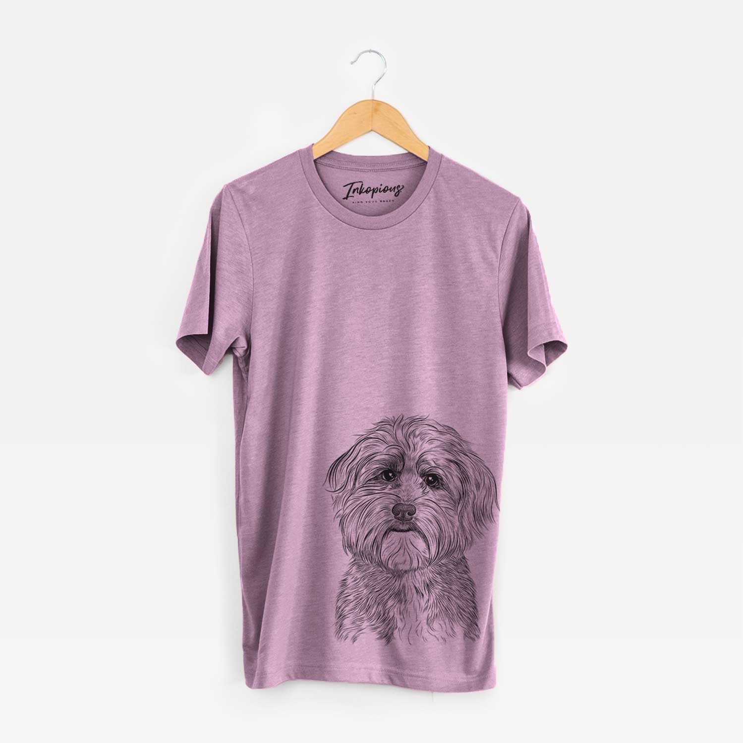 Hand-drawn sketch of Bingo the Mixed Breed on an Orchid Unisex crewneck