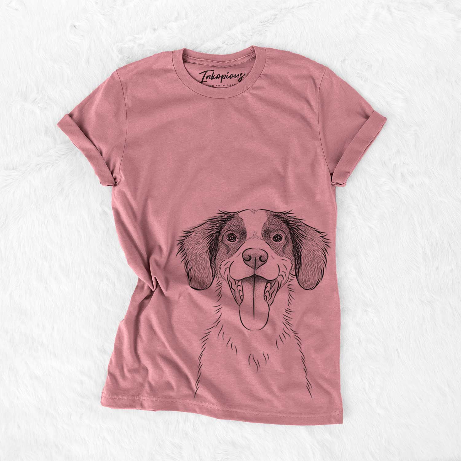 Hand-drawn sketch of Birdie the Brittany on a Mauve Bella Canvas Unisex Crewneck