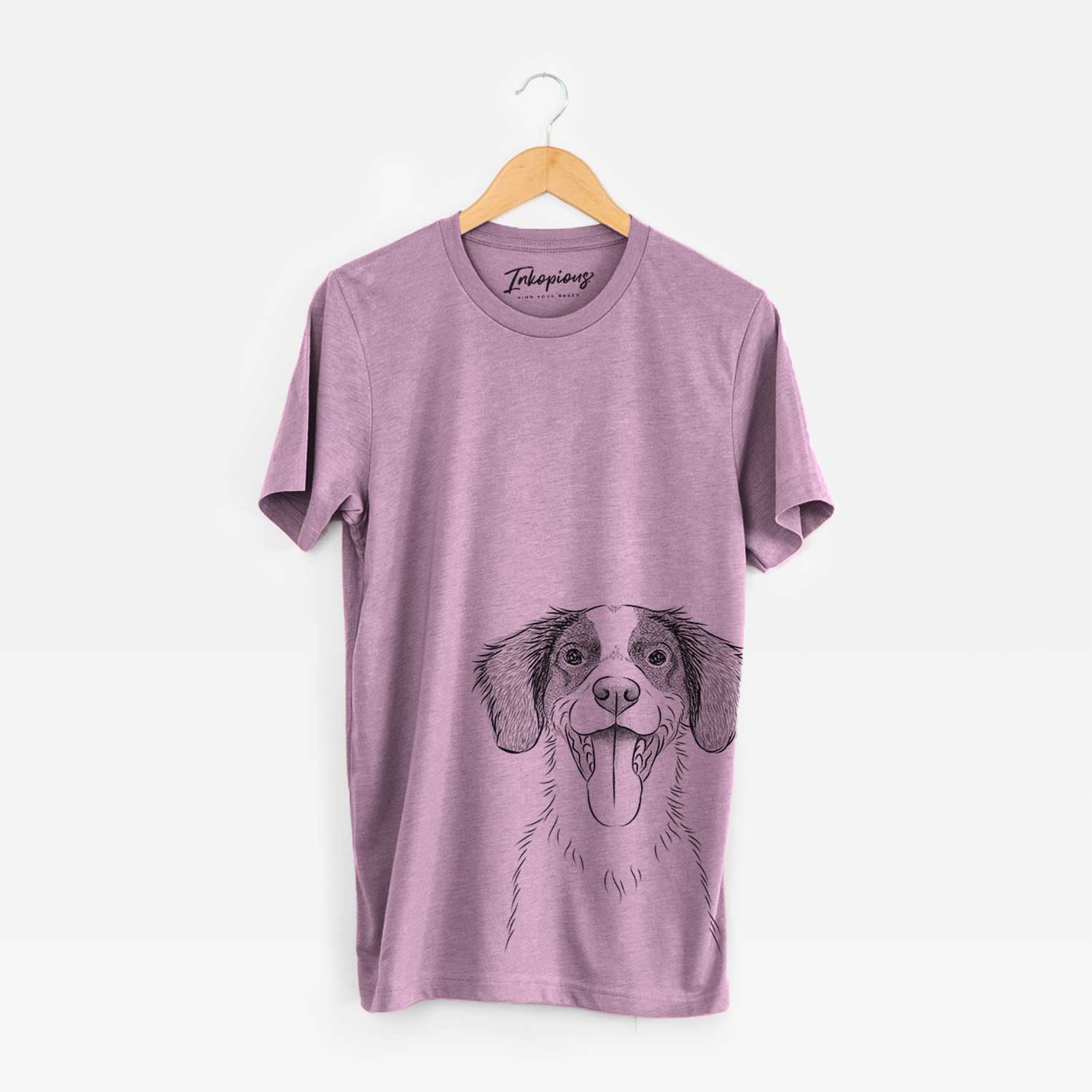 Hand-drawn sketch of Birdie the Brittany on an Orchid Bella Canvas Unisex Crewneck