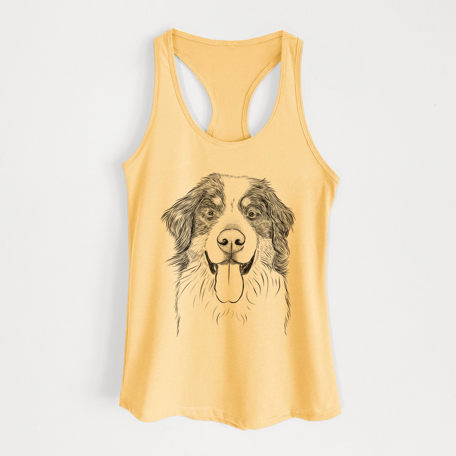 Hand-drawn sketch of Blaze the Bernese Mountain Dog on a Banana Cream Women's racerback tanktop