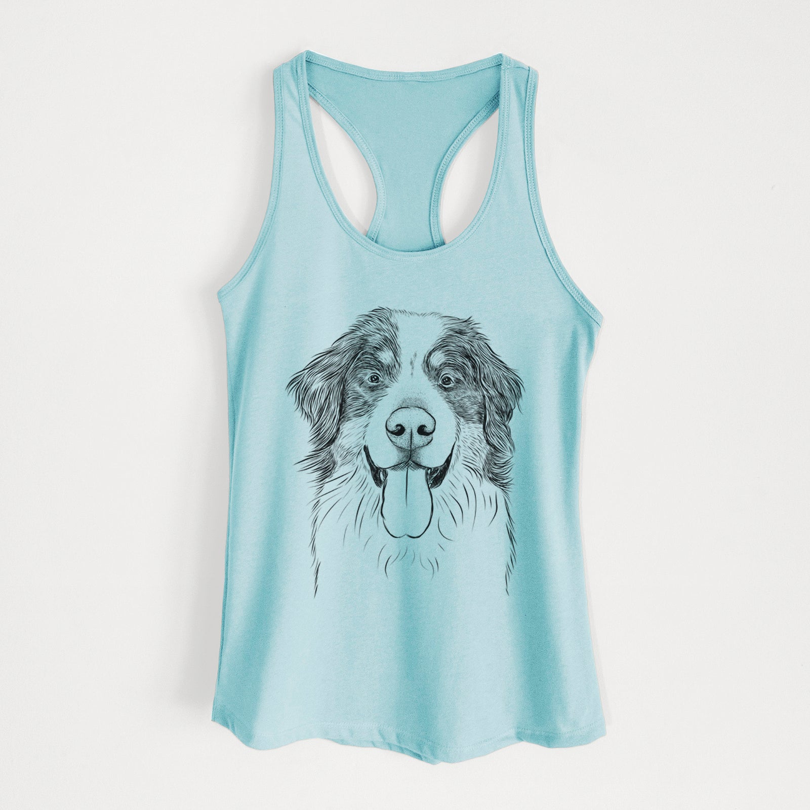 Hand-drawn sketch of Blaze the Bernese Mountain Dog on a Cancun Blue Women's racerback tanktop