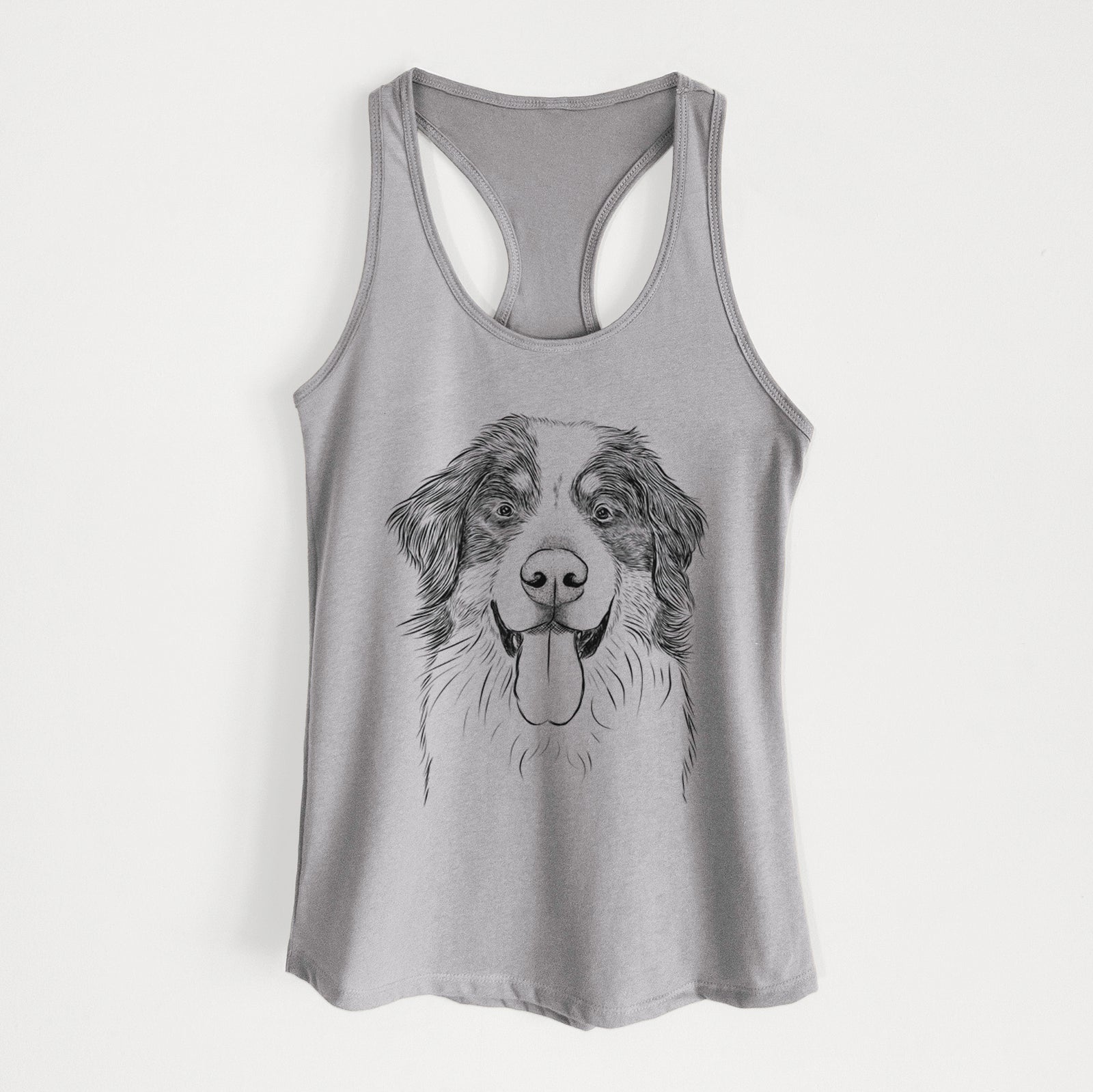 Hand-drawn sketch of Blaze the Bernese Mountain Dog on a Heather Grey Women's racerback tanktop