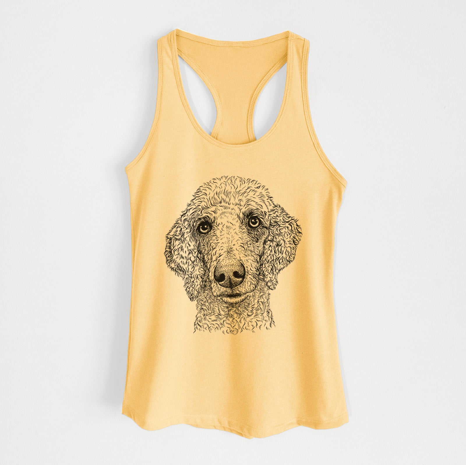 Hand-drawn sketch of Blossom the Poodle on a Banana Cream Women's racerback tanktop