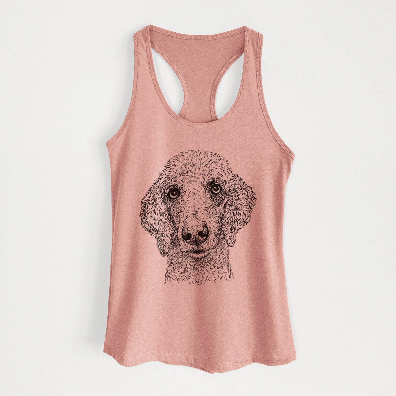 Hand-drawn sketch of Blossom the Poodle on a Desert Pink Women's racerback tanktop