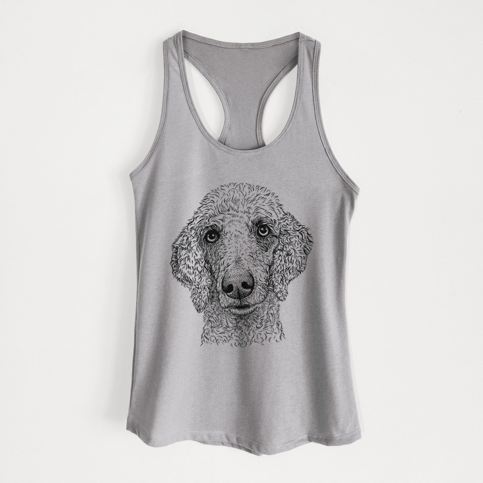 Hand-drawn sketch of Blossom the Poodle on a Heather Grey Women's racerback tanktop