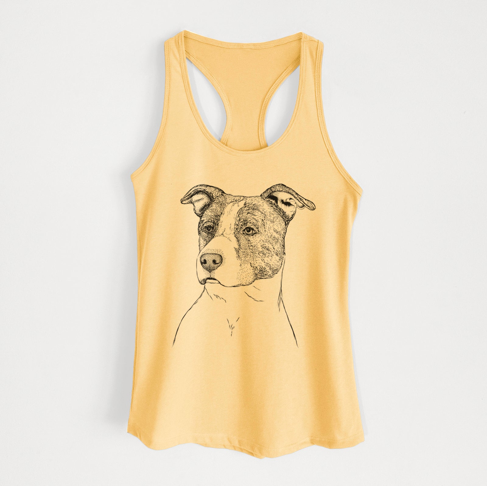 Hand-drawn sketch of Blu the Pitbull on a Banana Cream Women's racerback tanktop