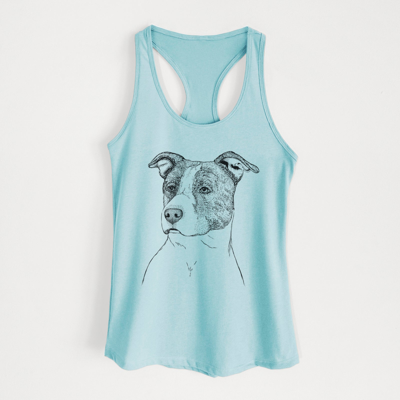 Hand-drawn sketch of Blu the Pitbull on a Cancun Blue Women's racerback tanktop