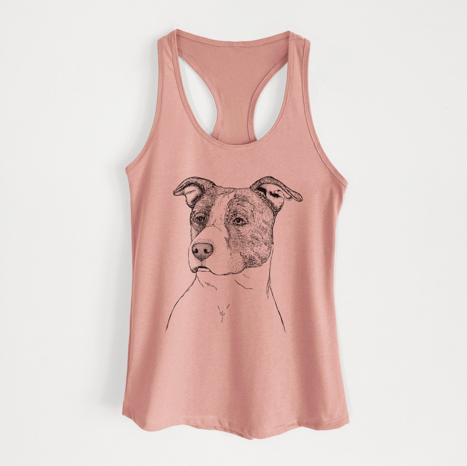 Hand-drawn sketch of Blu the Pitbull on a Desert Pink Women's racerback tanktop