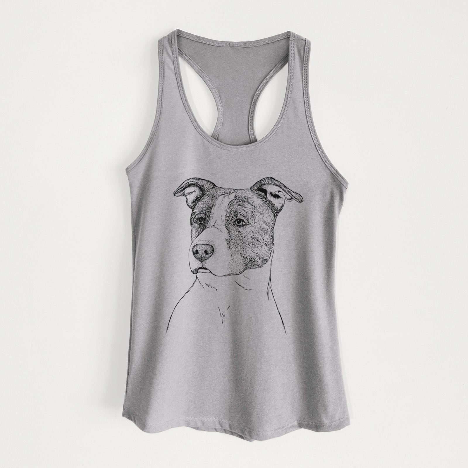 Hand-drawn sketch of Blu the Pitbull on a Heather Grey Women's racerback tanktop