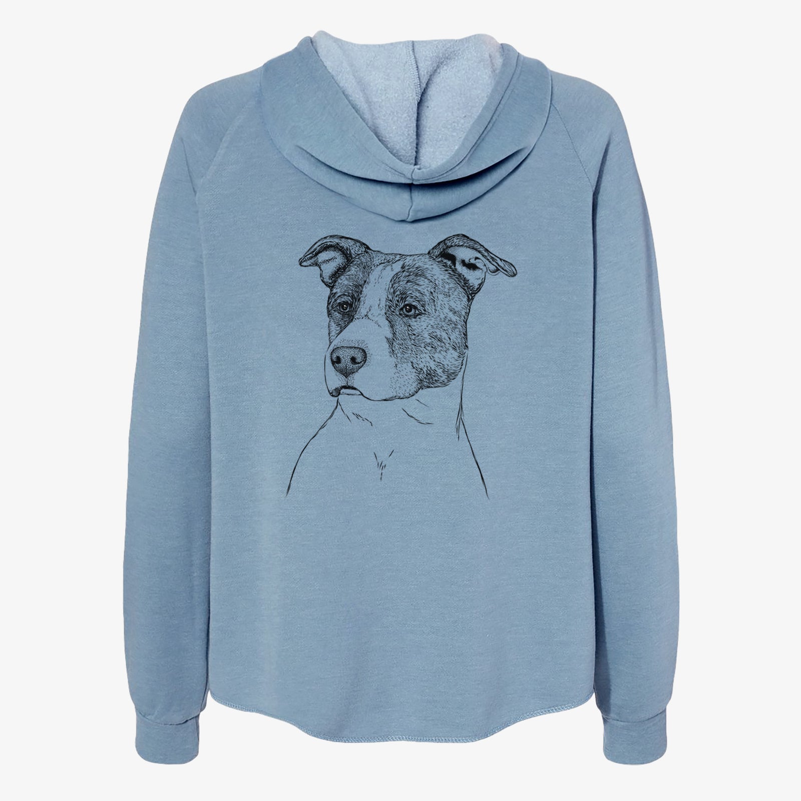 Hand-drawn sketch of Blu the Pitbull on a Misty Blue Women's cali wave zip-up sweatshirt