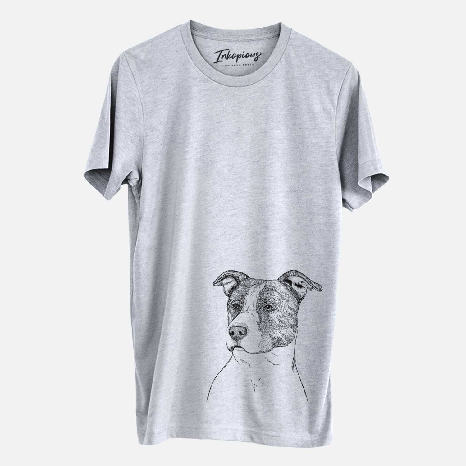Hand-drawn sketch of Blu the Pitbull on a Grey Unisex crewneck